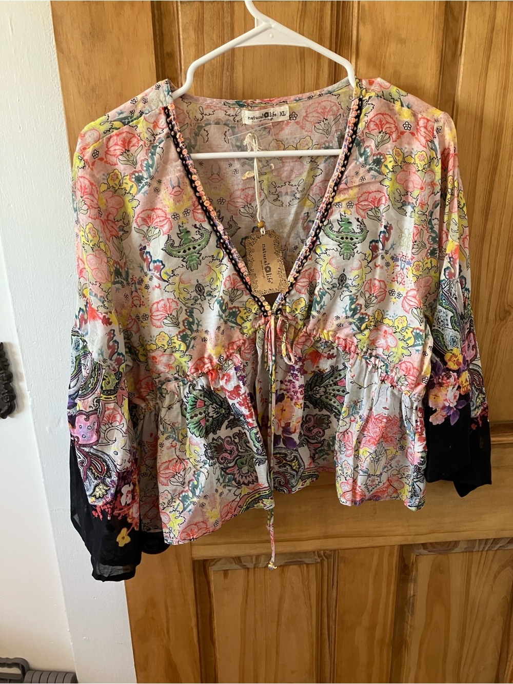 NATURAL LIFE Pink Floral Peasant Blouse with Black Cuffs